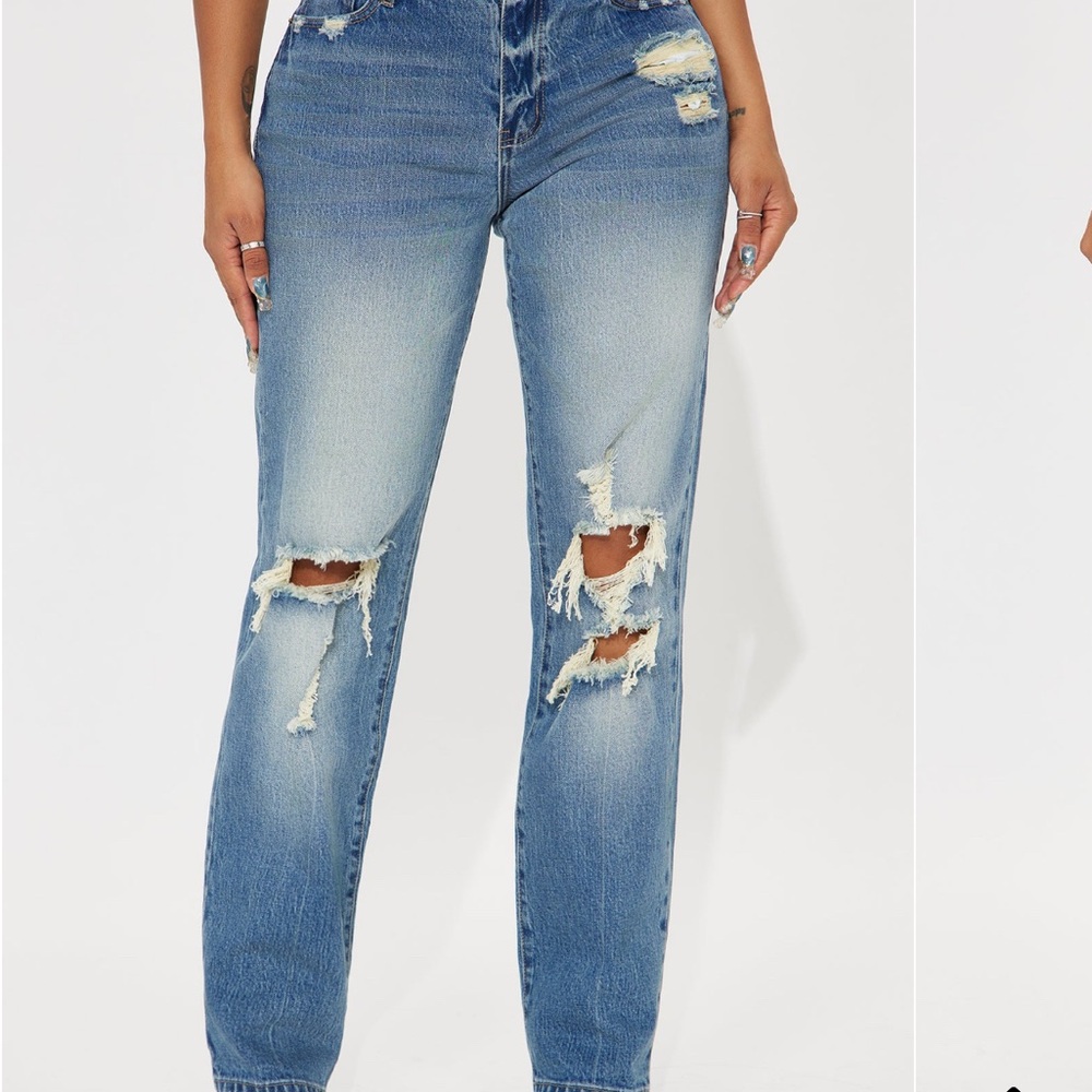 High Rise Blue Jeans with Distressing and Slim Fit